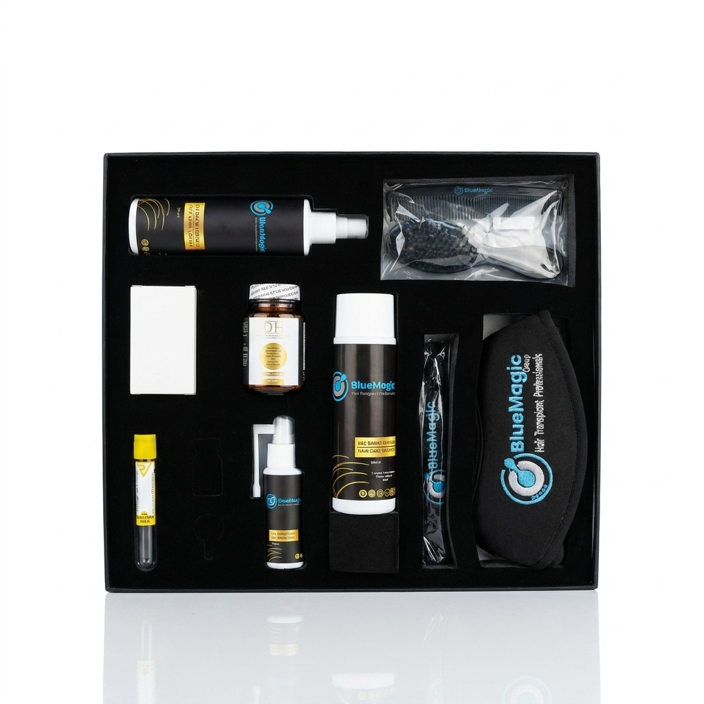 Kit contents — shampoo, spray, multivitamins, mesotherapy, dermaroller